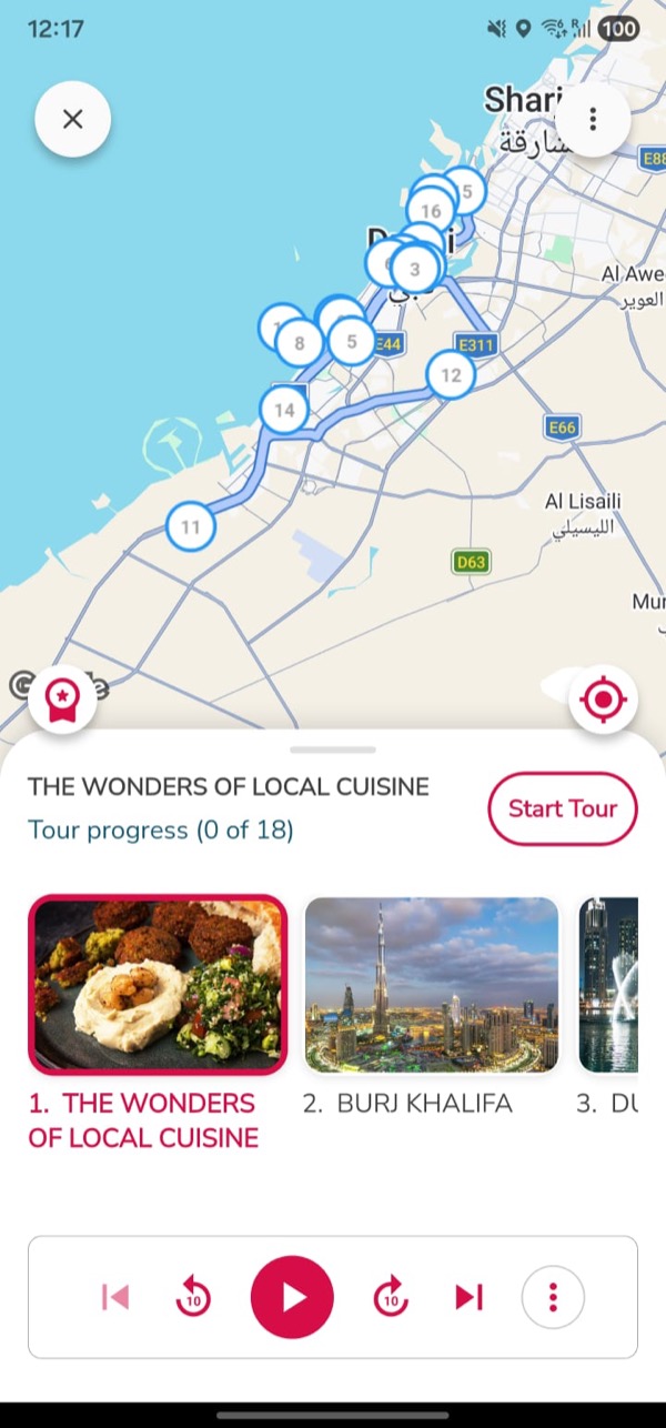 جولة مرشدة في دبي على تطبيق izi.travel بمسار مرسوم ومحطات مرقمة ومشغل صوتي