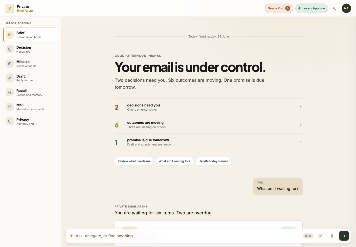 Private Email Agent daily brief showing the message 'Your email is under control' with two decisions that need attention, six outcomes in progress, and one promise due tomorrow.